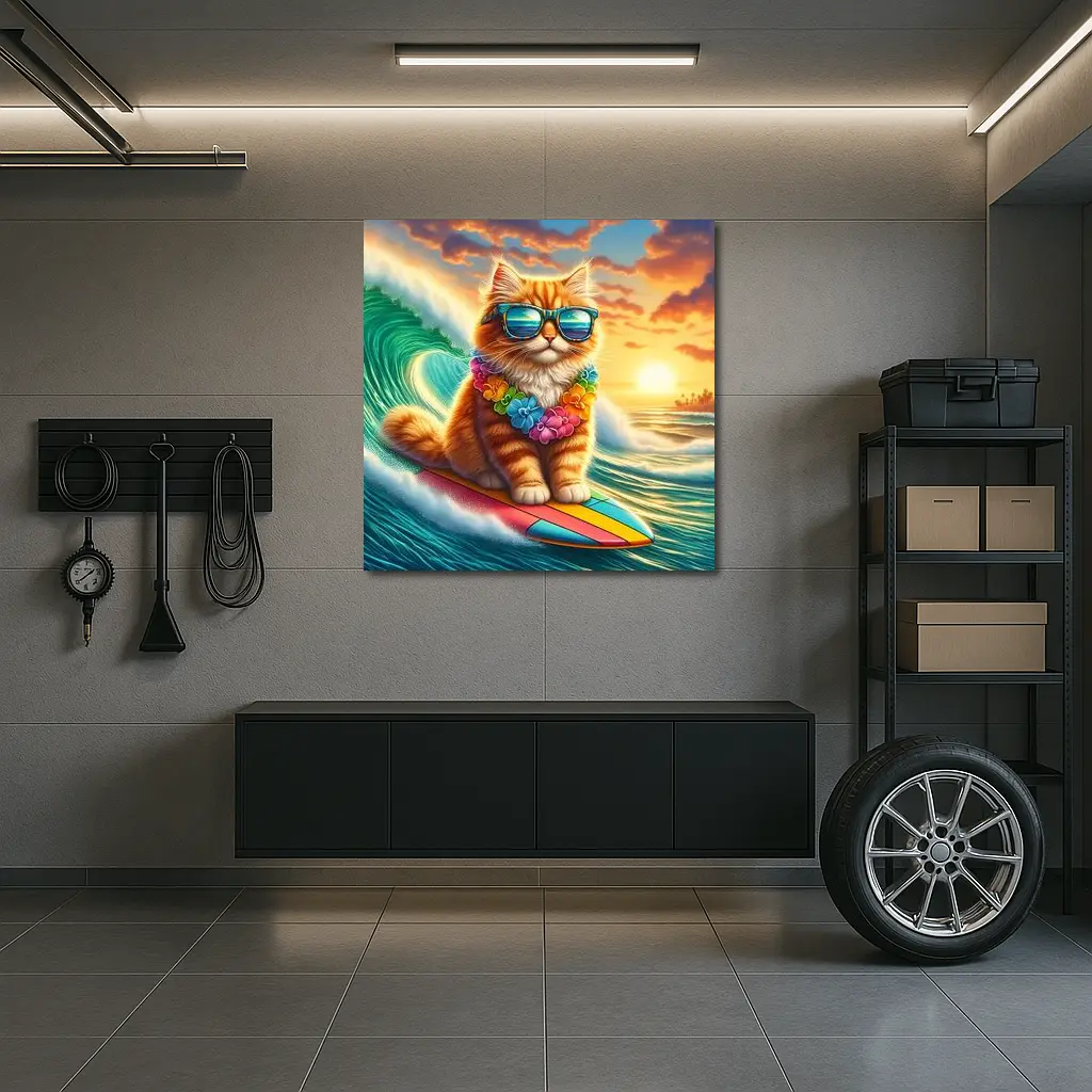 Orange Cat Surfing Ocean Wave Sunset – Wall Art