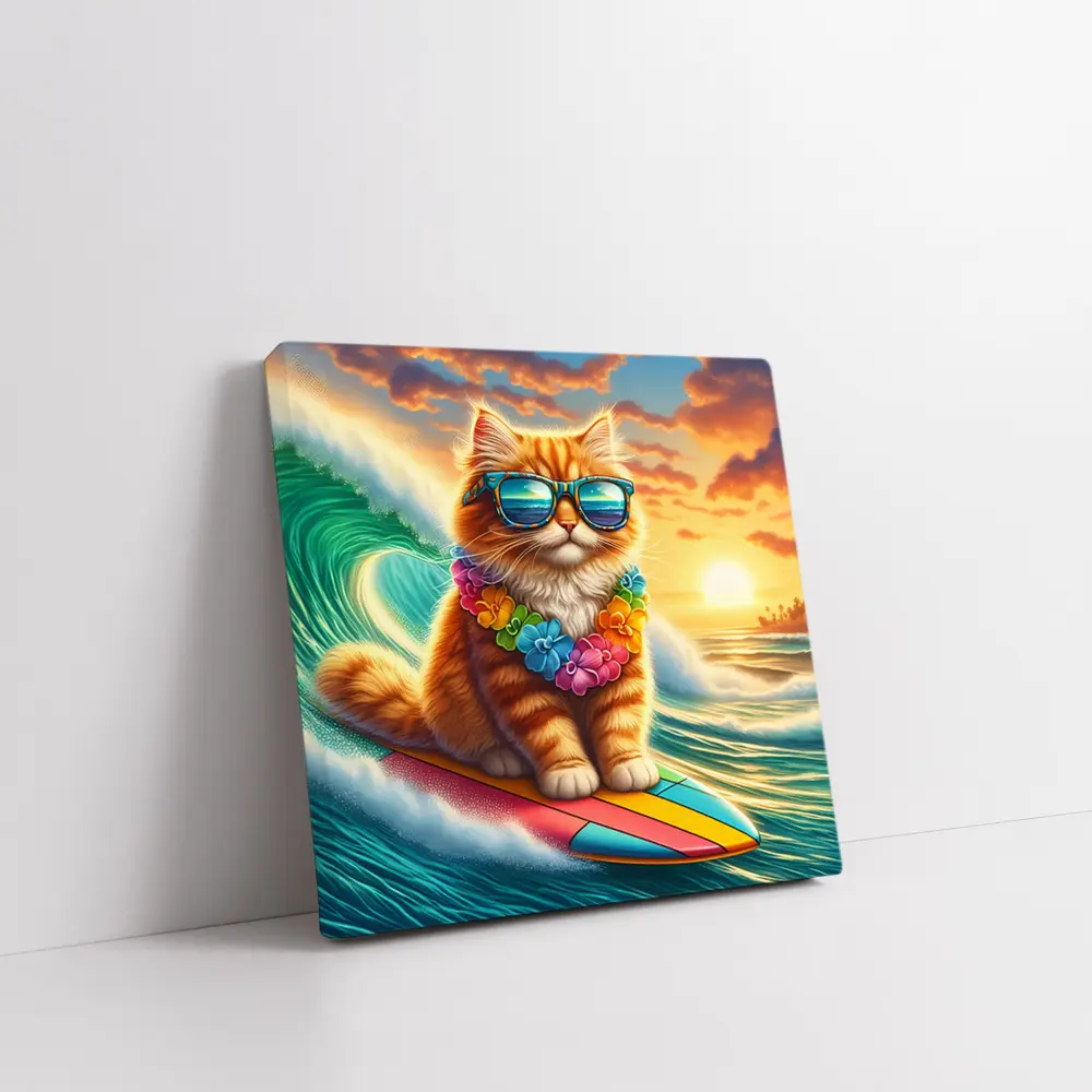 Orange Cat Surfing Ocean Wave Sunset – Wall Art