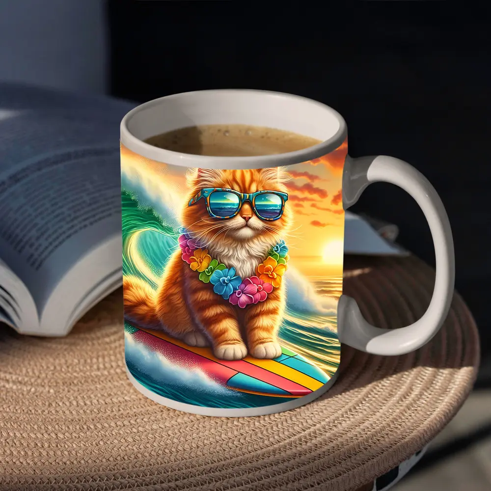 Orange Cat Surfing Ocean Wave Sunset – Mugs