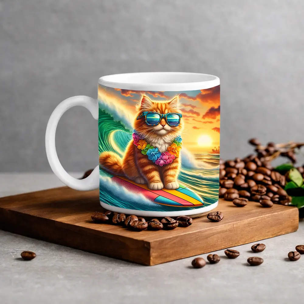Orange Cat Surfing Ocean Wave Sunset – Mugs