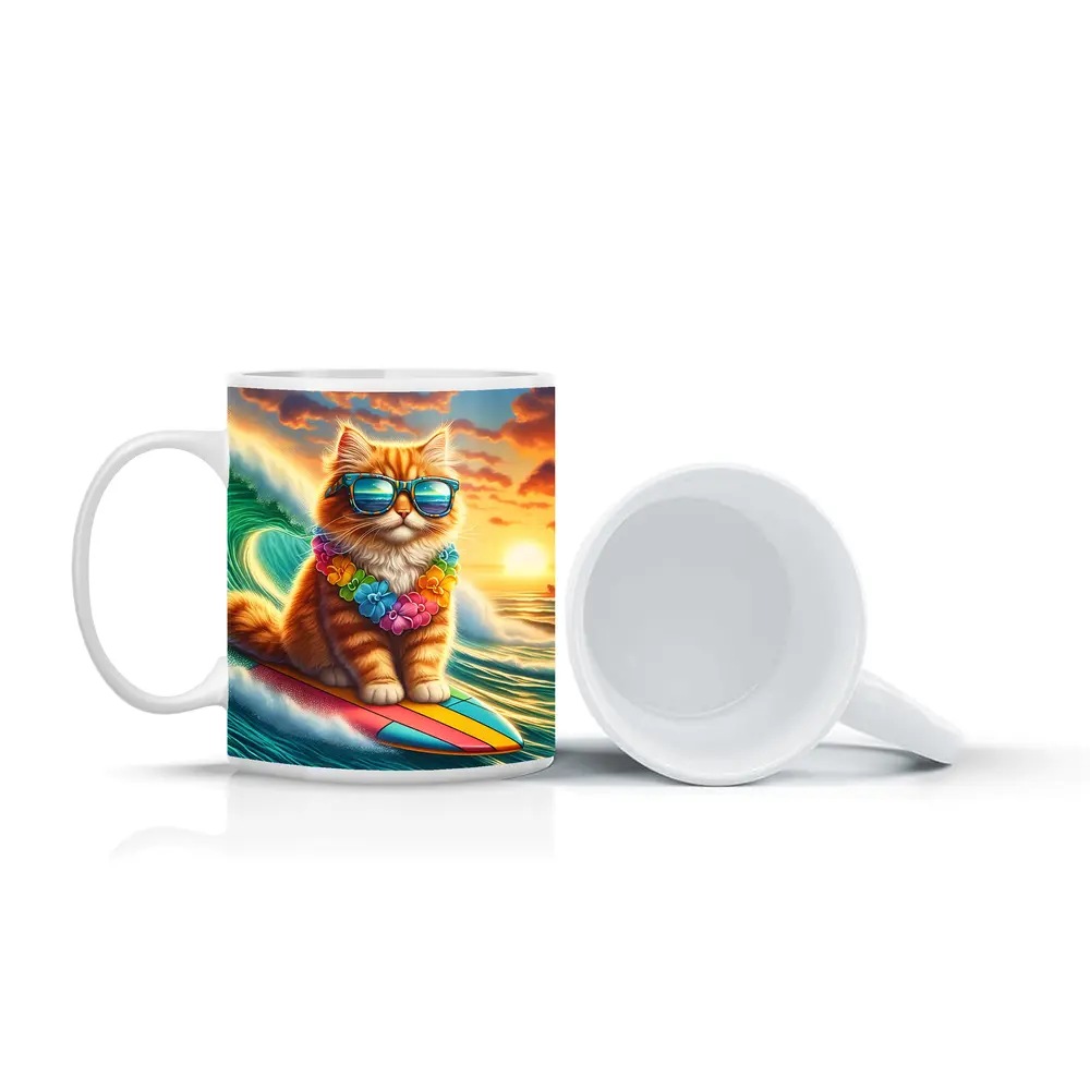 Orange Cat Surfing Ocean Wave Sunset – Mugs