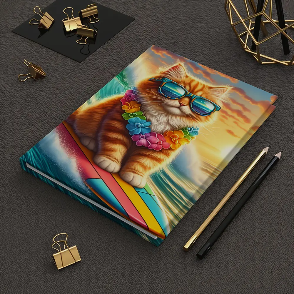 Orange Cat Surfing Ocean Wave Sunset – Notebooks