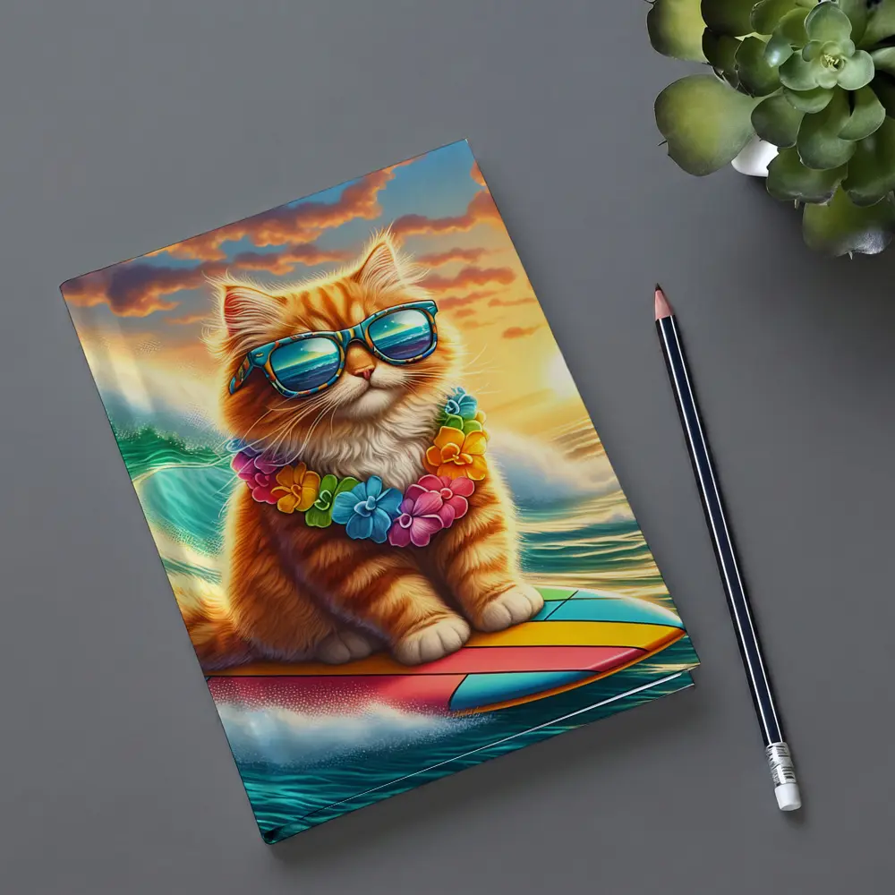 Orange Cat Surfing Ocean Wave Sunset – Notebooks