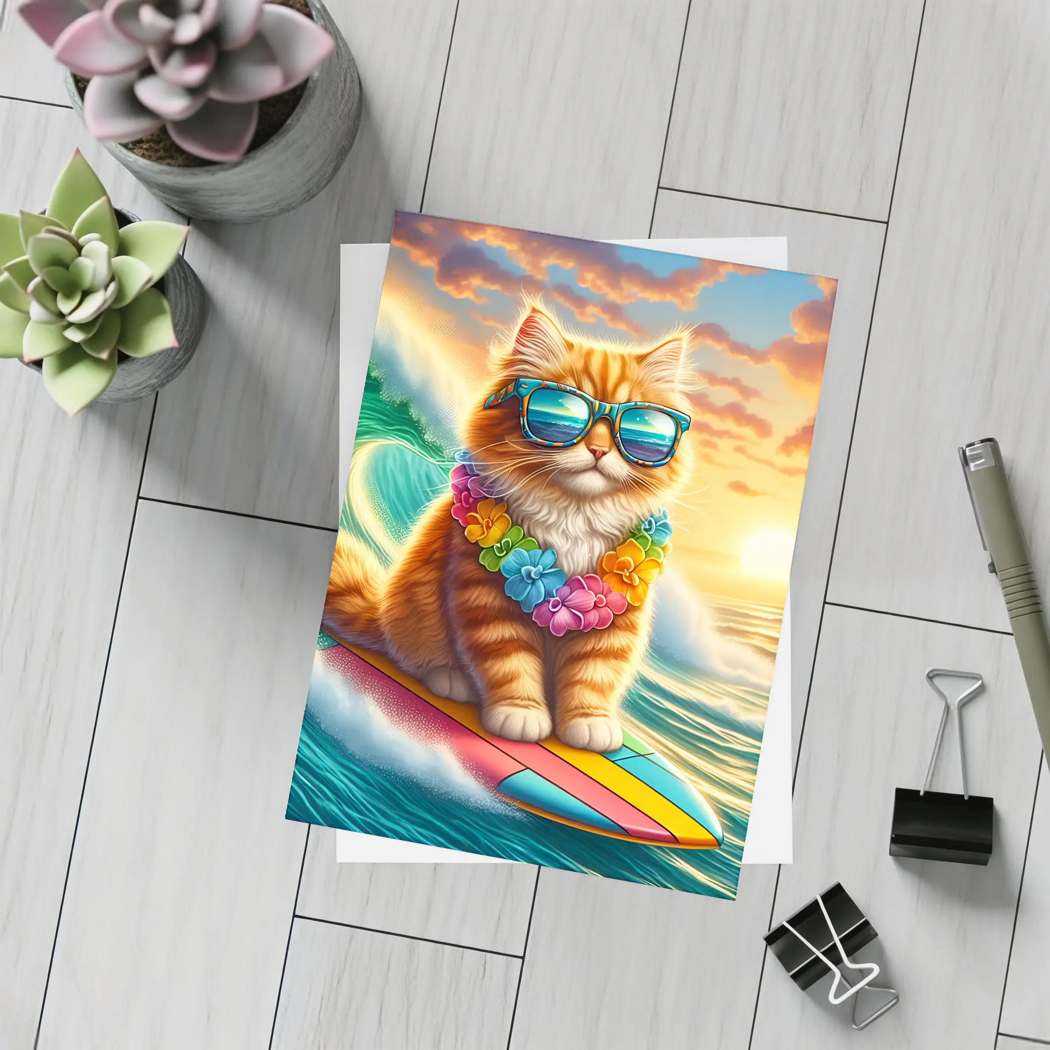 Orange Cat Surfing Ocean Wave Sunset – Postcards