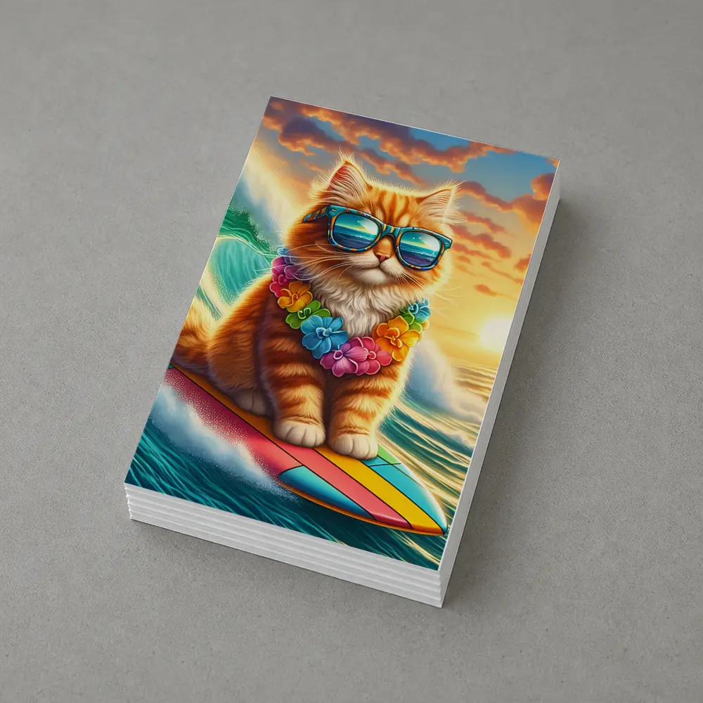 Orange Cat Surfing Ocean Wave Sunset – Postcards