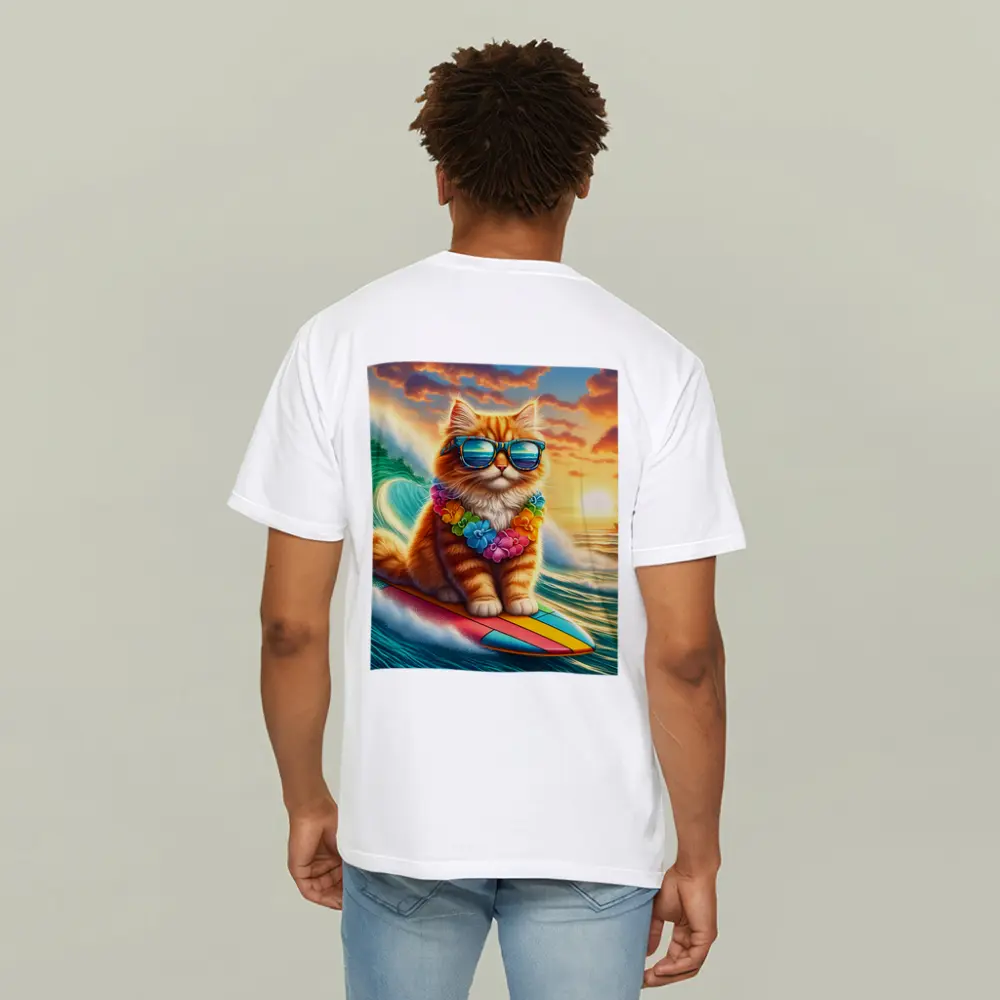Orange Cat Surfing Ocean Wave Sunset – T-Shirts
