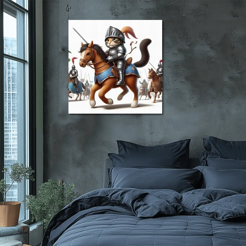 Cat Knight in Armor Riding Horse – Wall Art