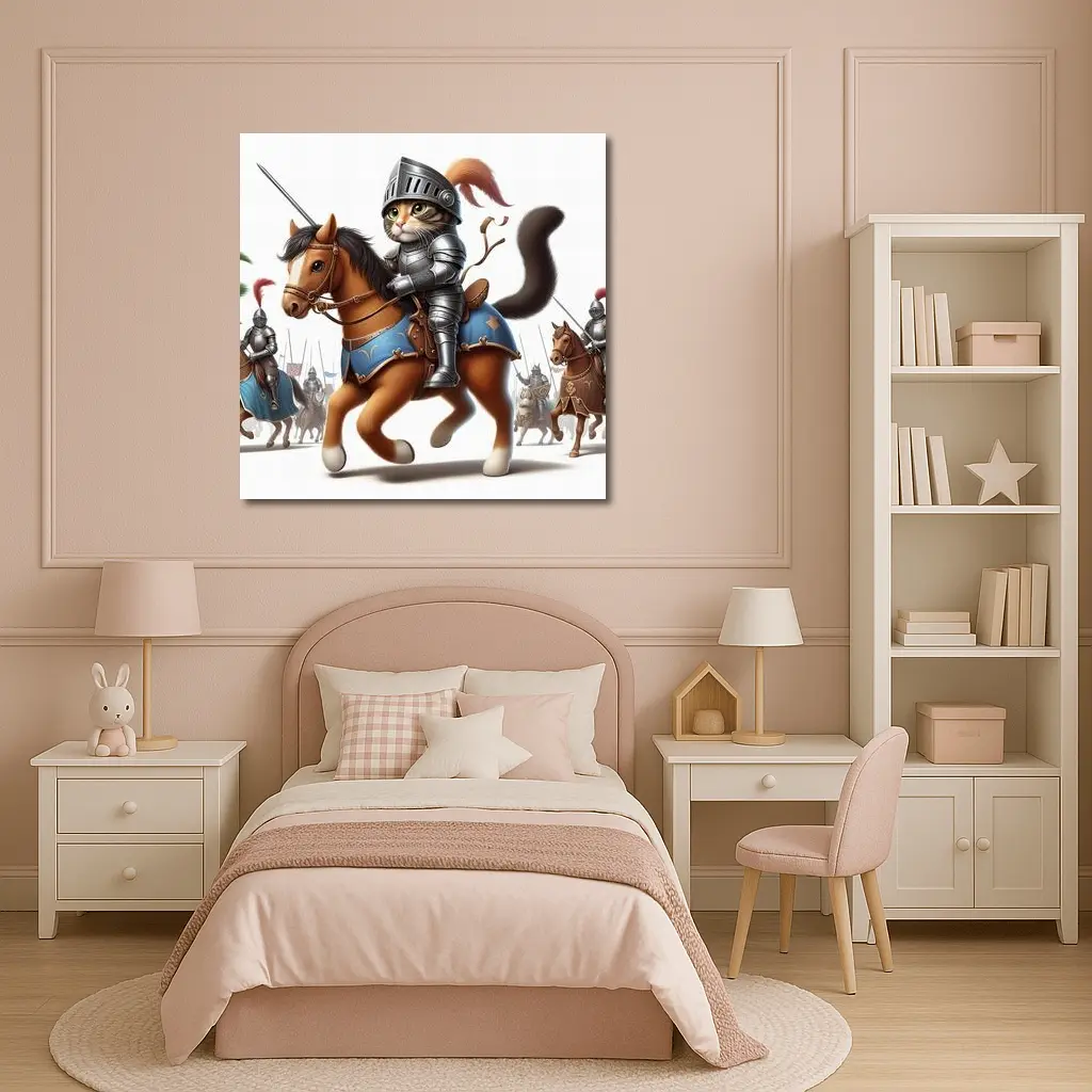 Cat Knight in Armor Riding Horse – Wall Art
