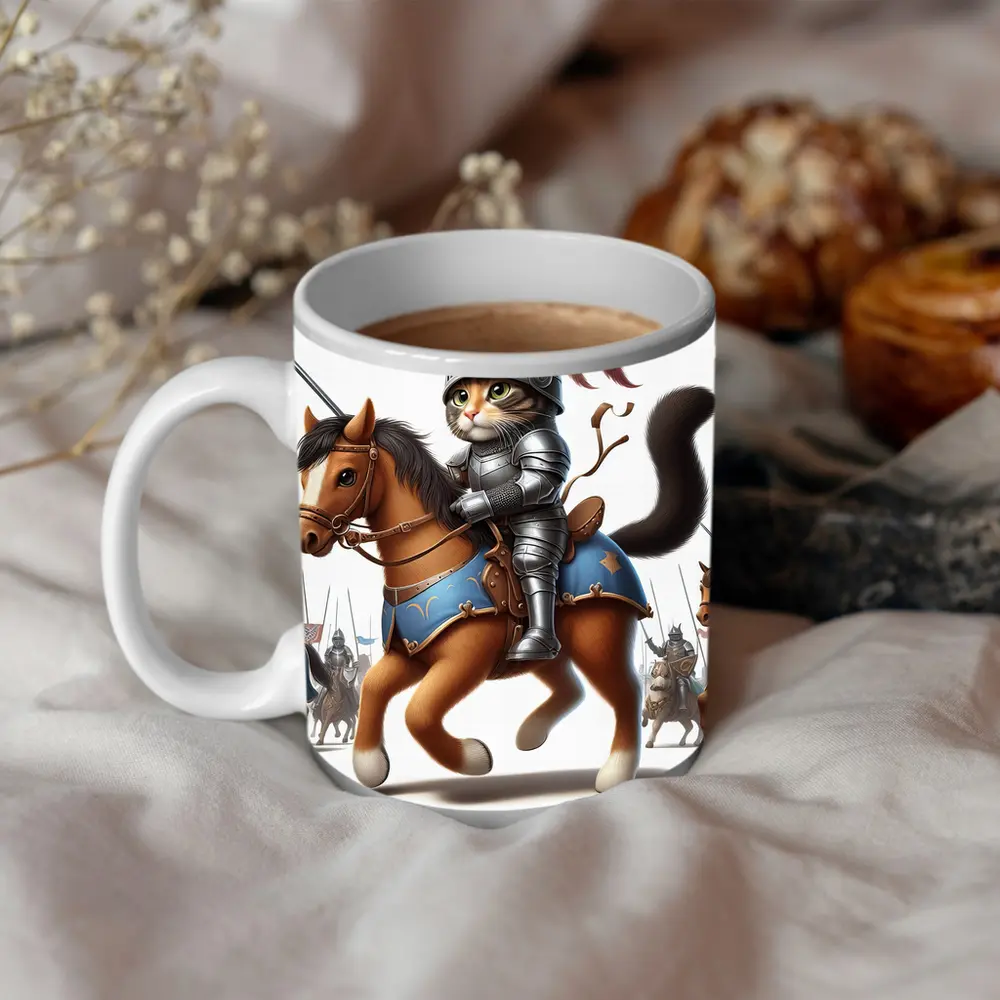 Cat Knight in Armor Riding Horse – Mugs
