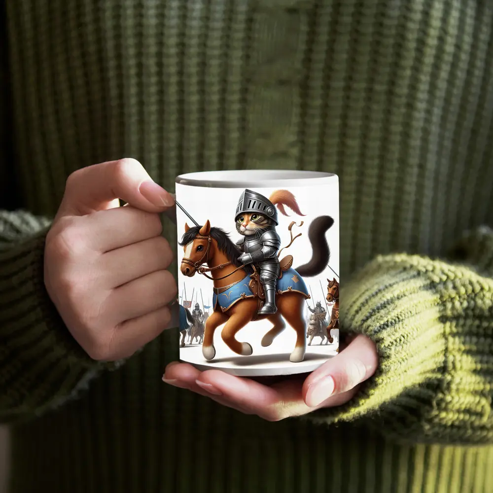 Cat Knight in Armor Riding Horse – Mugs