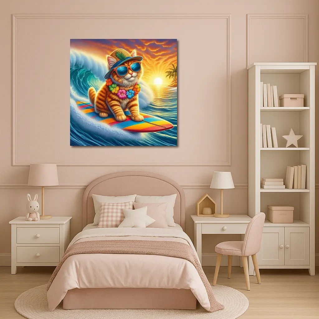 Orange Tabby Cat Surfing Ocean Sunset Waves – Wall Art