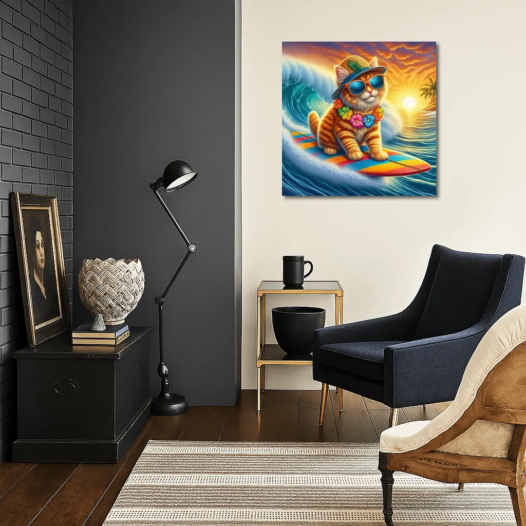 Orange Tabby Cat Surfing Ocean Sunset Waves – Wall Art