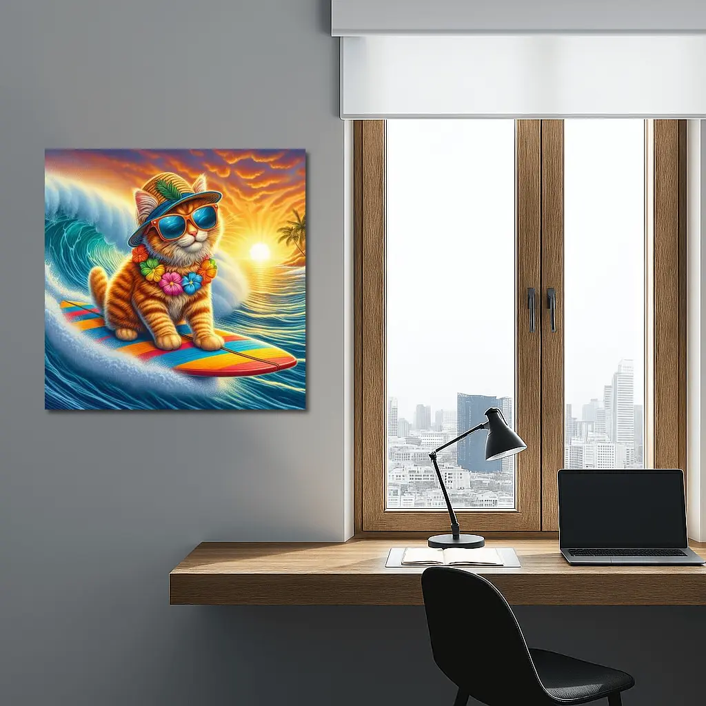 Orange Tabby Cat Surfing Ocean Sunset Waves – Wall Art