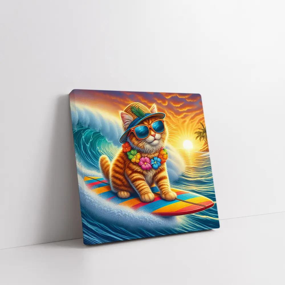 Orange Tabby Cat Surfing Ocean Sunset Waves – Wall Art