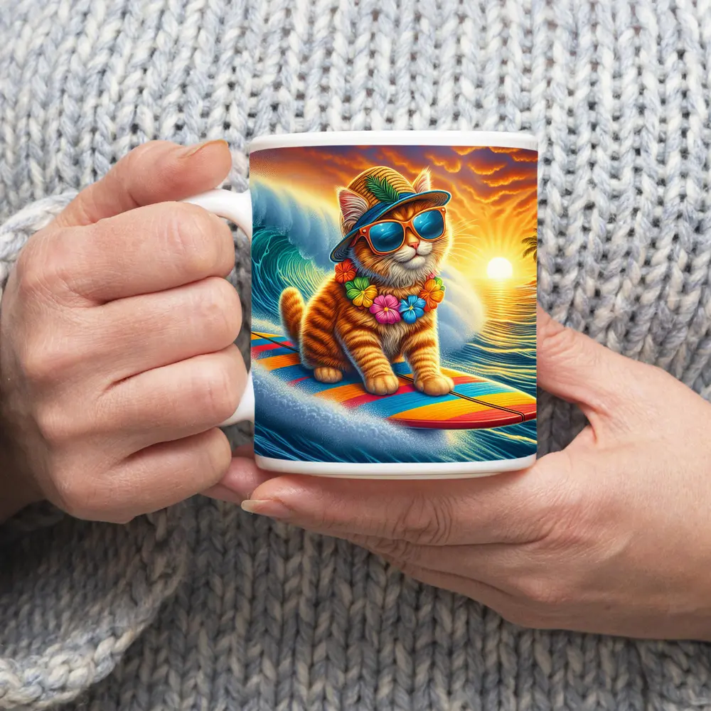 Orange Tabby Cat Surfing Ocean Sunset Waves – Mugs