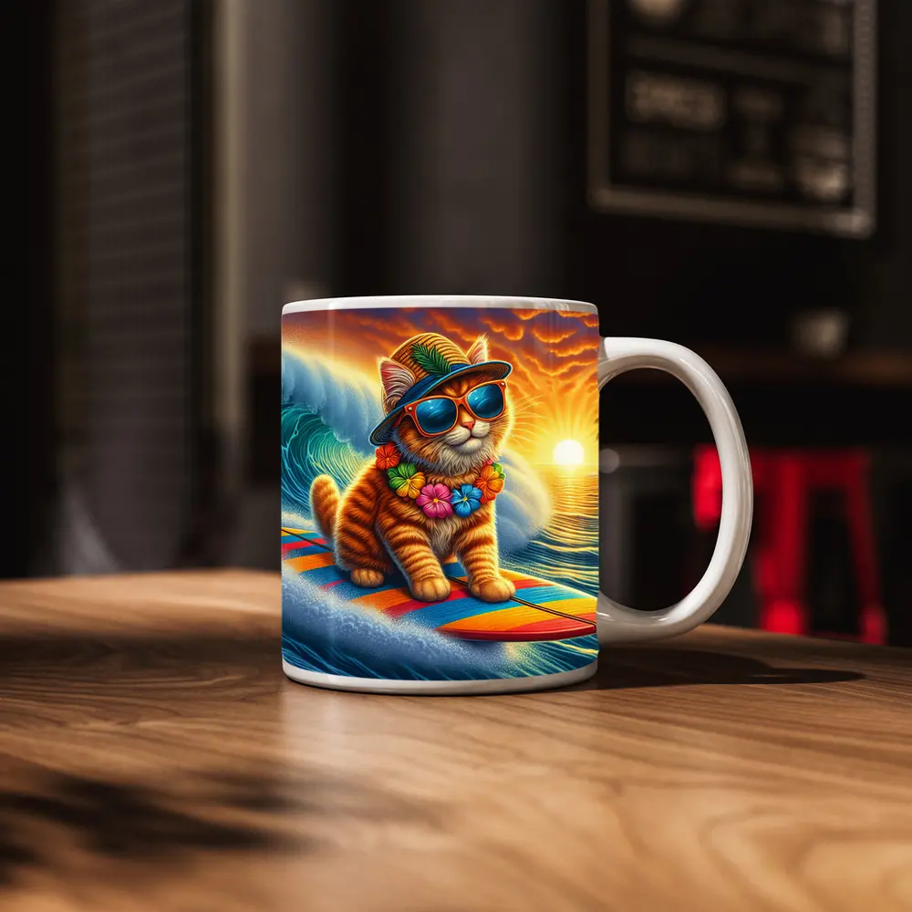 Orange Tabby Cat Surfing Ocean Sunset Waves – Mugs