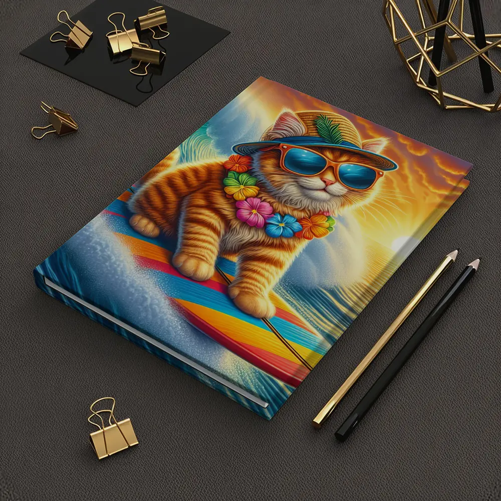 Orange Tabby Cat Surfing Ocean Sunset Waves – Notebooks