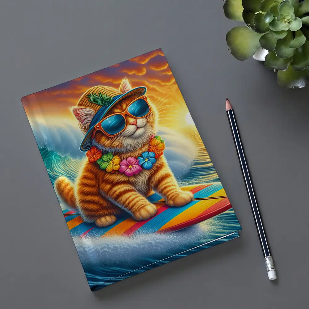 Orange Tabby Cat Surfing Ocean Sunset Waves – Notebooks