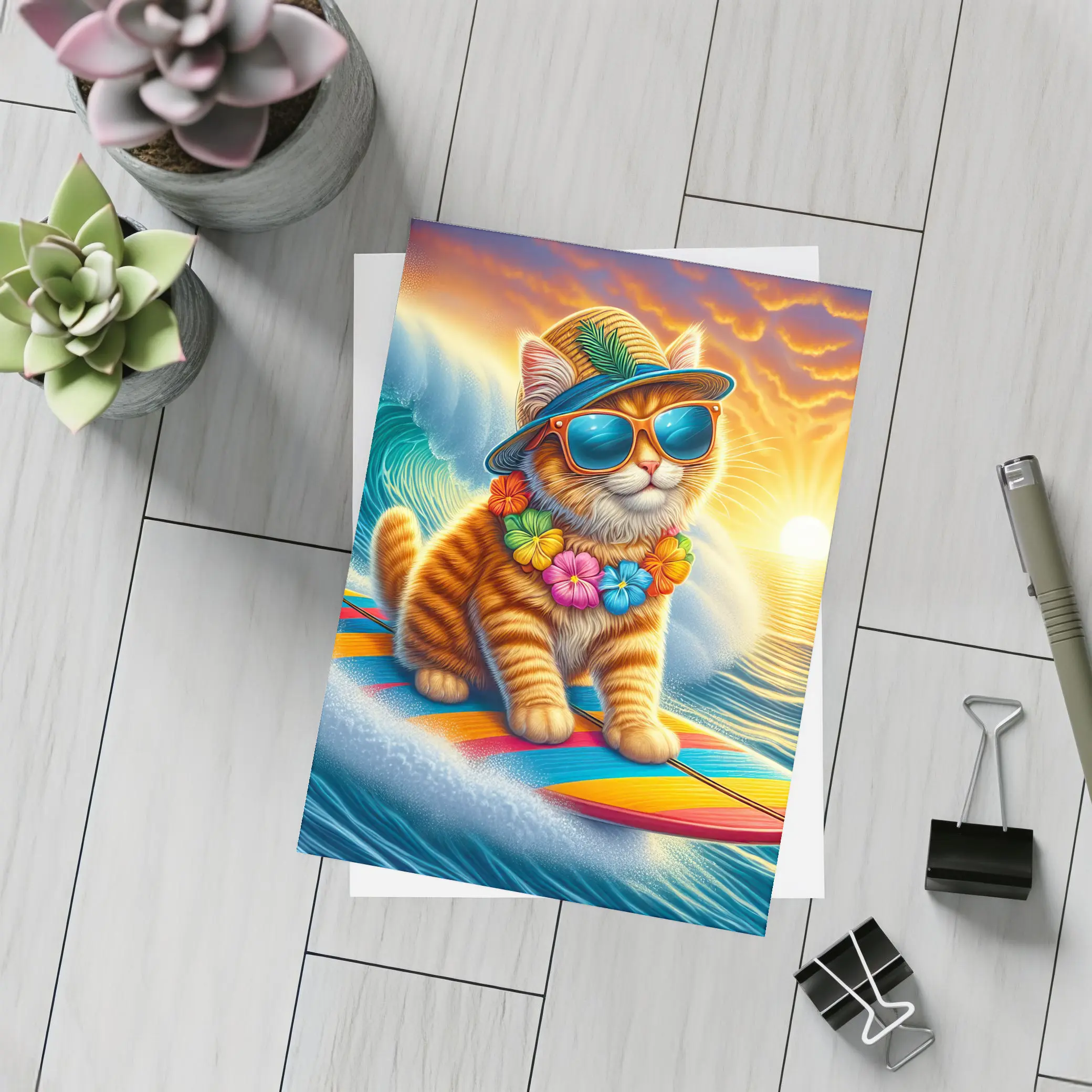 Orange Tabby Cat Surfing Ocean Sunset Waves – Postcards
