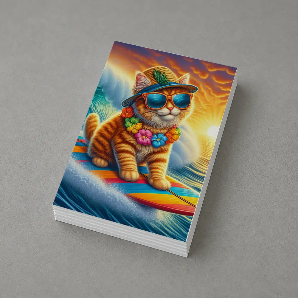 Orange Tabby Cat Surfing Ocean Sunset Waves – Postcards