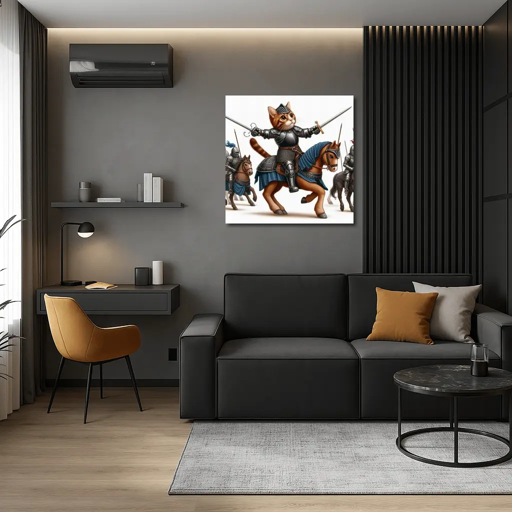 Orange Cat Knight Riding Horse With Swords – Wall Art