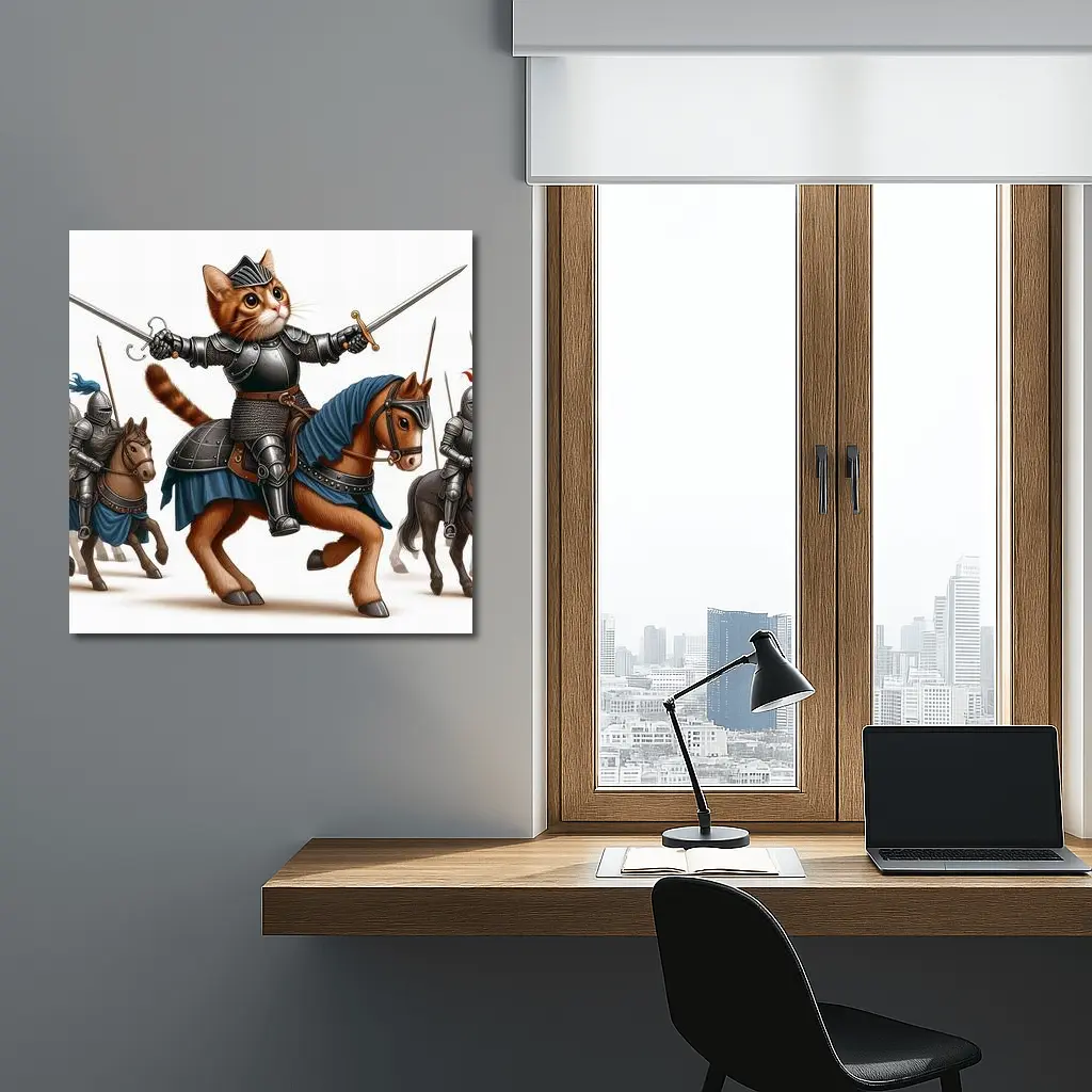 Orange Cat Knight Riding Horse With Swords – Wall Art
