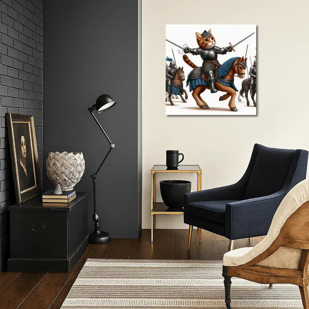 Orange Cat Knight Riding Horse With Swords – Wall Art