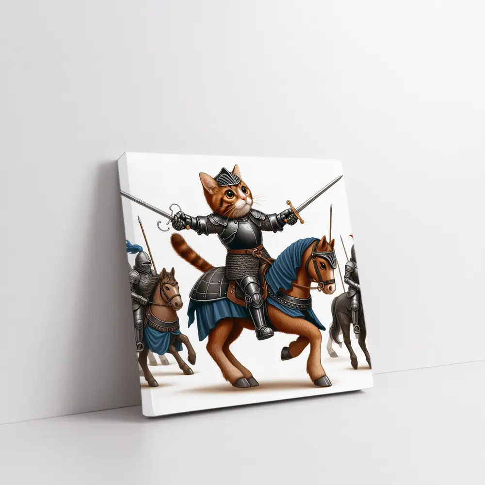 Orange Cat Knight Riding Horse With Swords – Wall Art