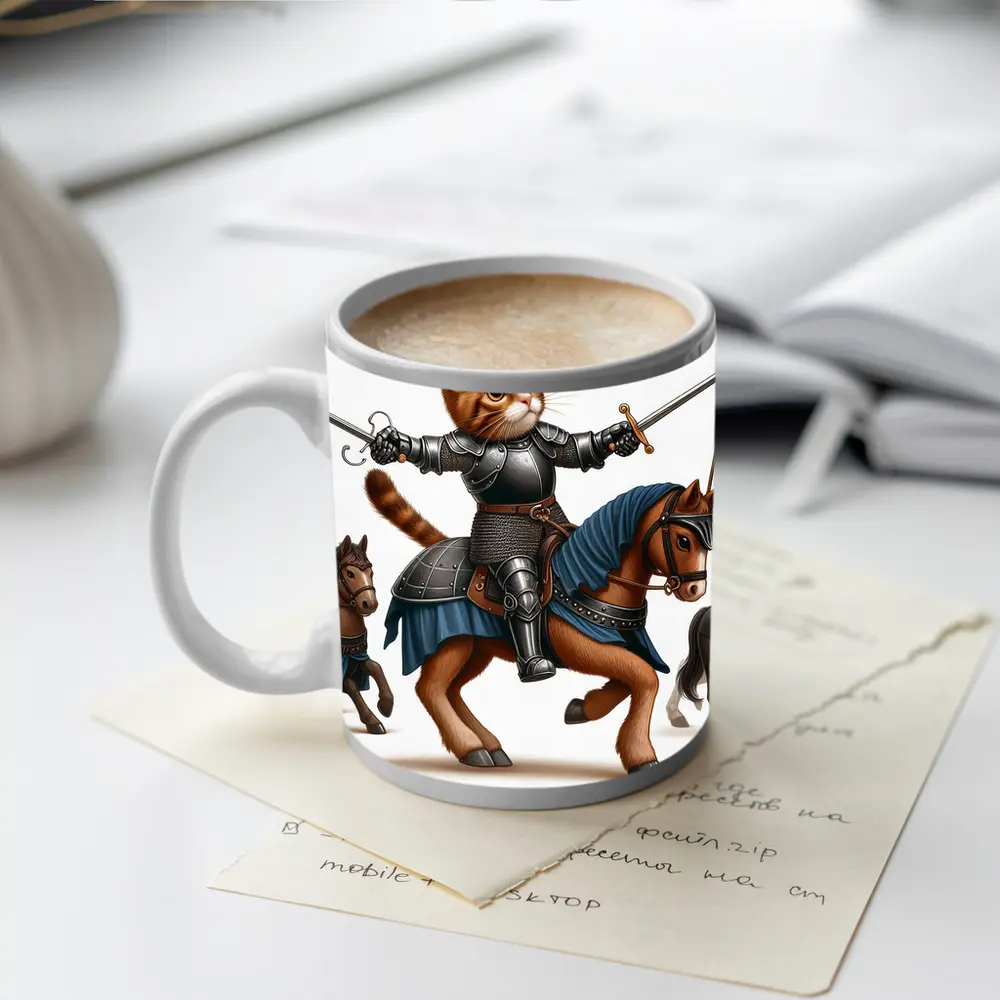 Orange Cat Knight Riding Horse With Swords – Mugs