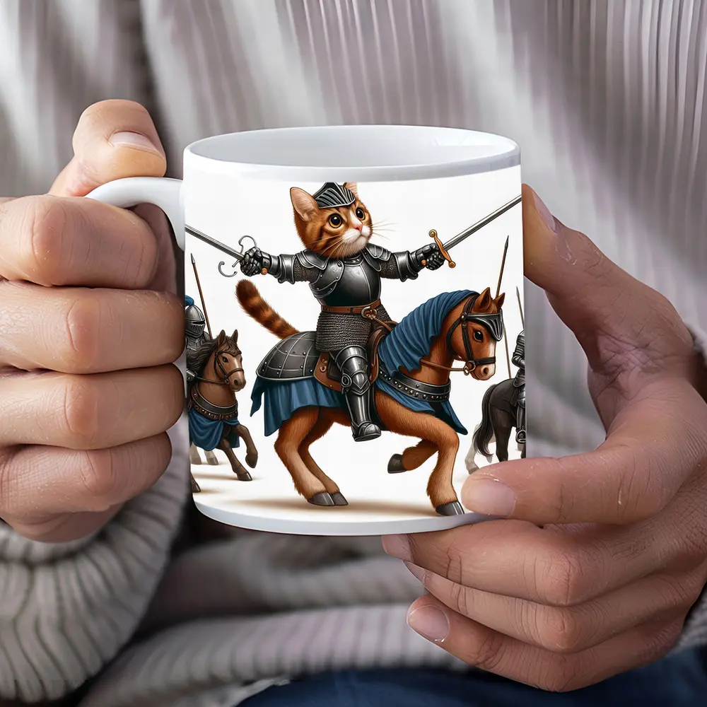 Orange Cat Knight Riding Horse With Swords – Mugs