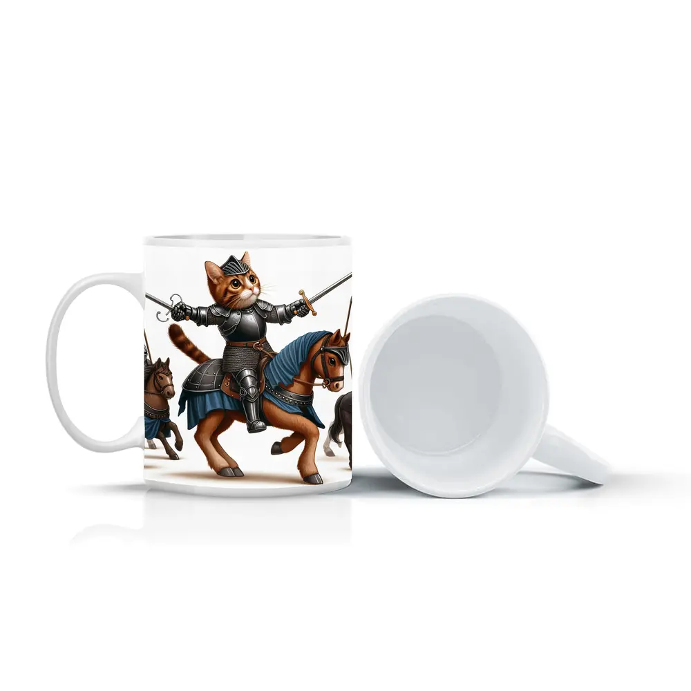 Orange Cat Knight Riding Horse With Swords – Mugs