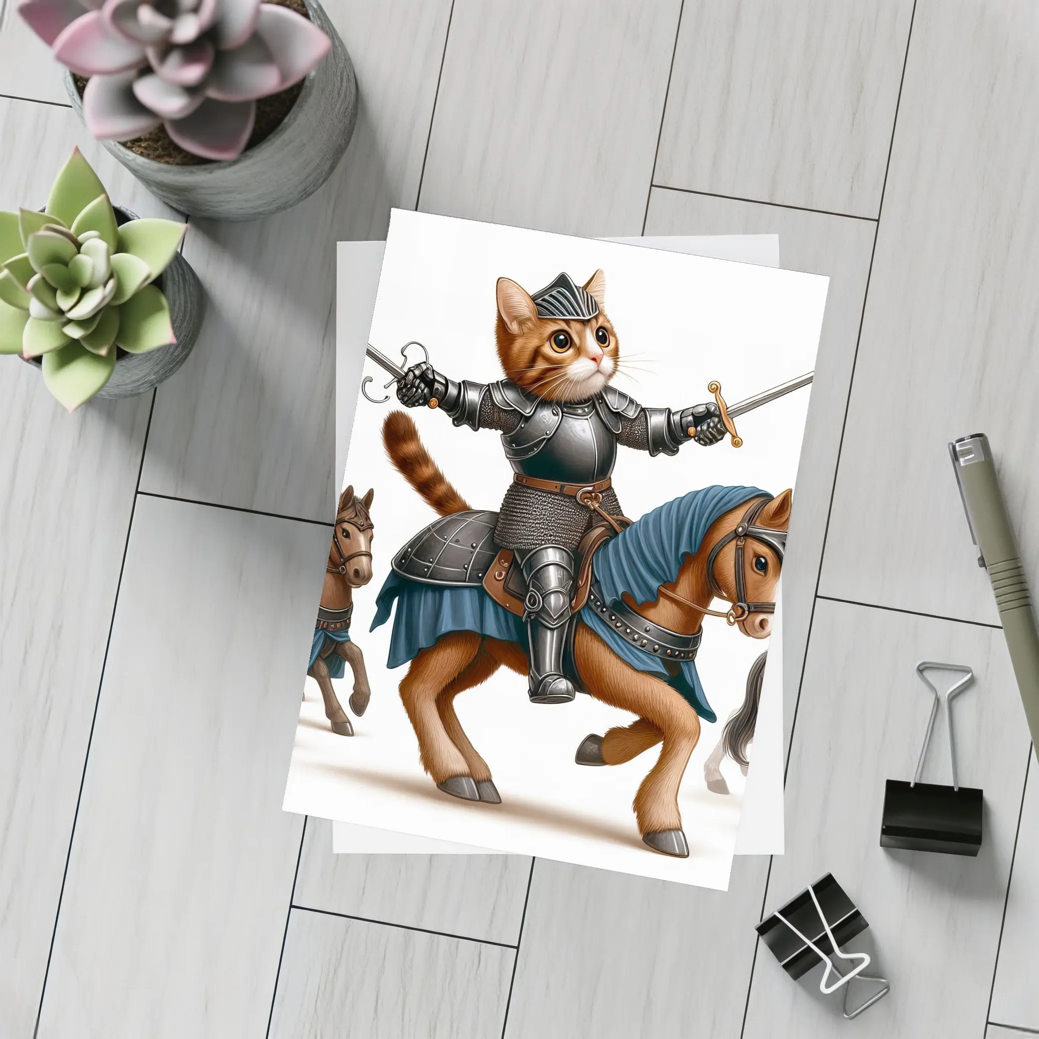 Orange Cat Knight Riding Horse With Swords – Postcards