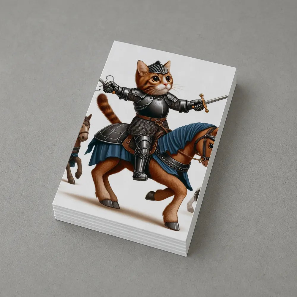 Orange Cat Knight Riding Horse With Swords – Postcards