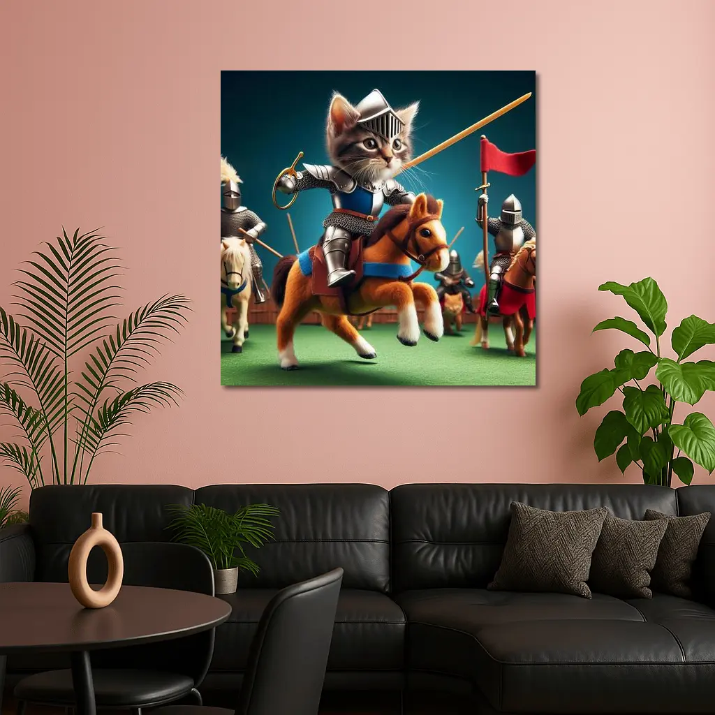 Kitten Knight Jousting on Toy Horse – Wall Art