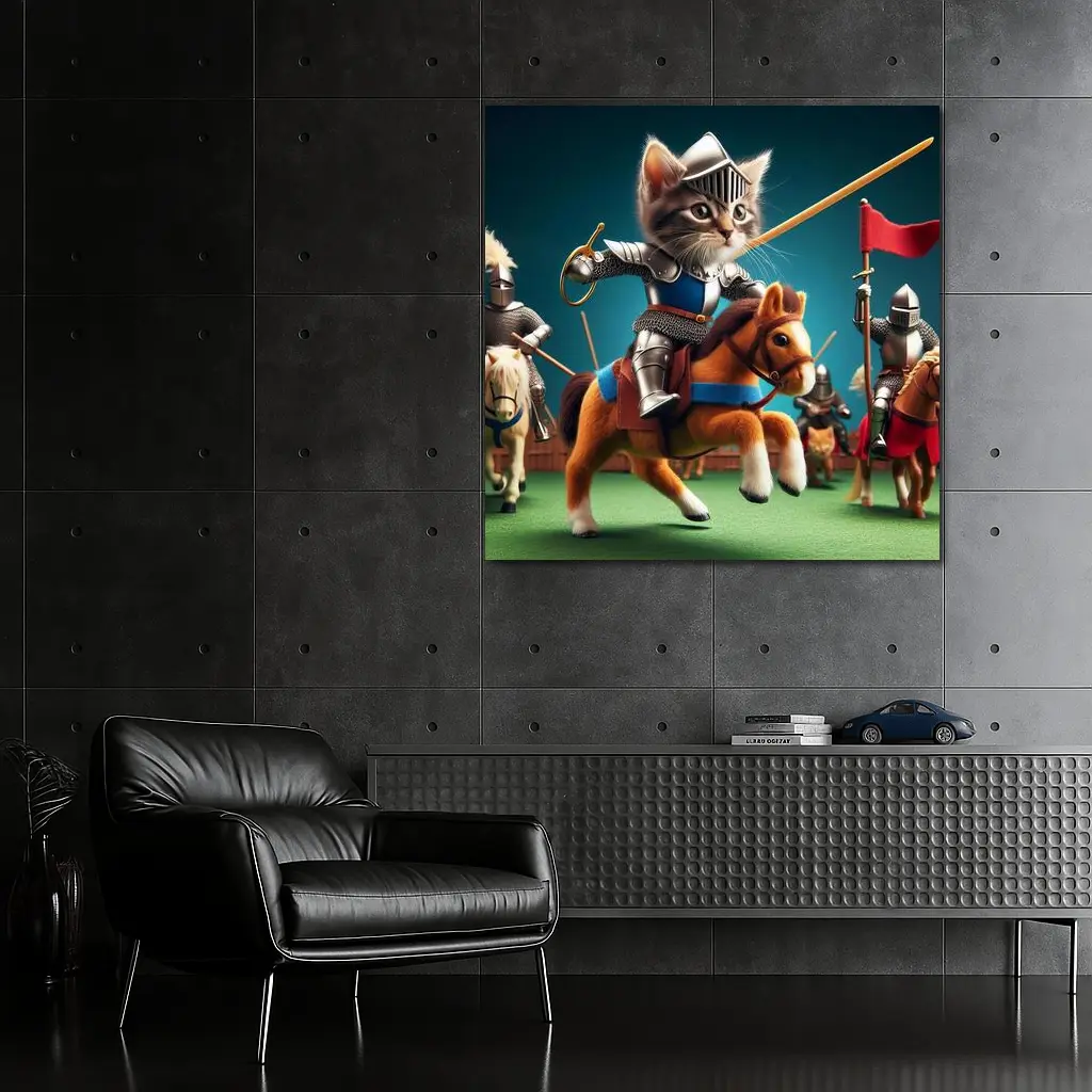 Kitten Knight Jousting on Toy Horse – Wall Art