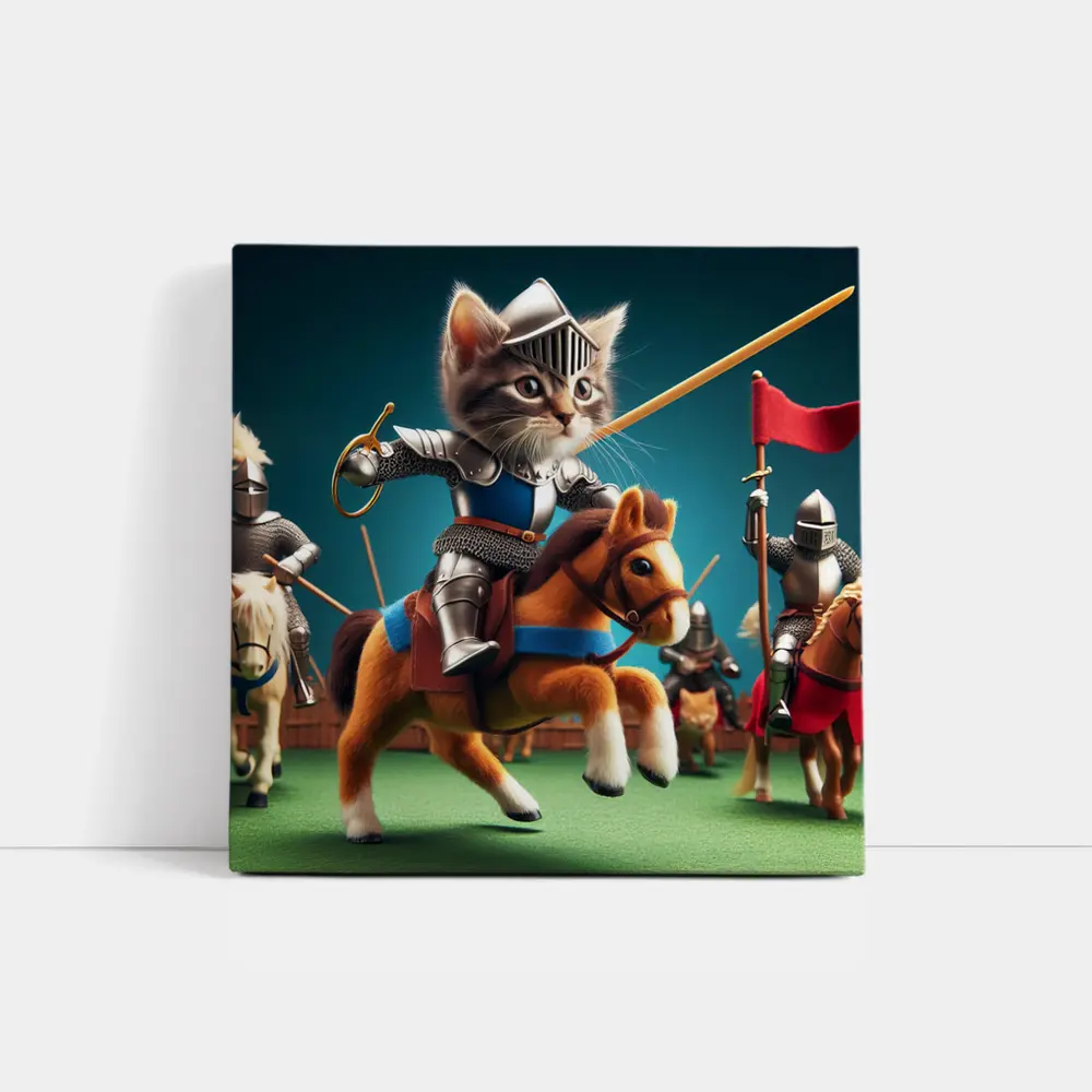 Kitten Knight Jousting on Toy Horse – Wall Art