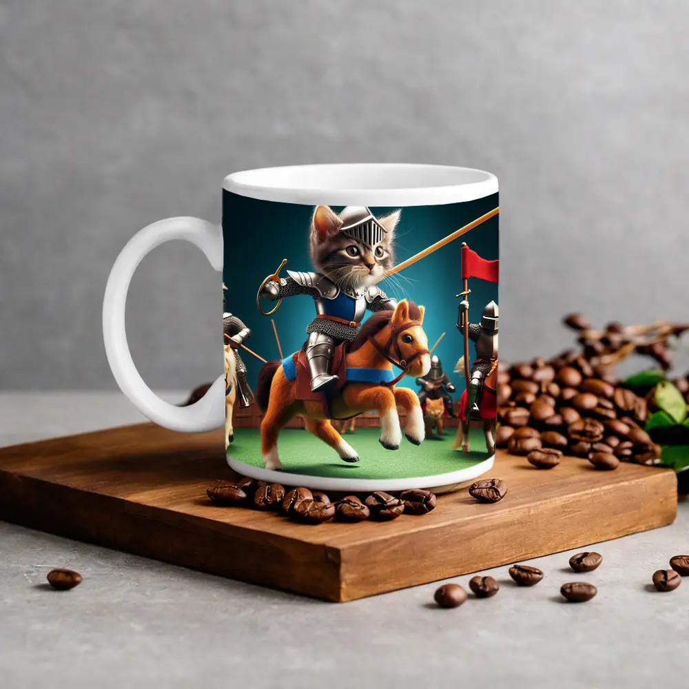 Kitten Knight Jousting on Toy Horse – Mugs