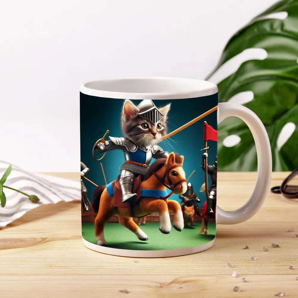 Kitten Knight Jousting on Toy Horse – Mugs