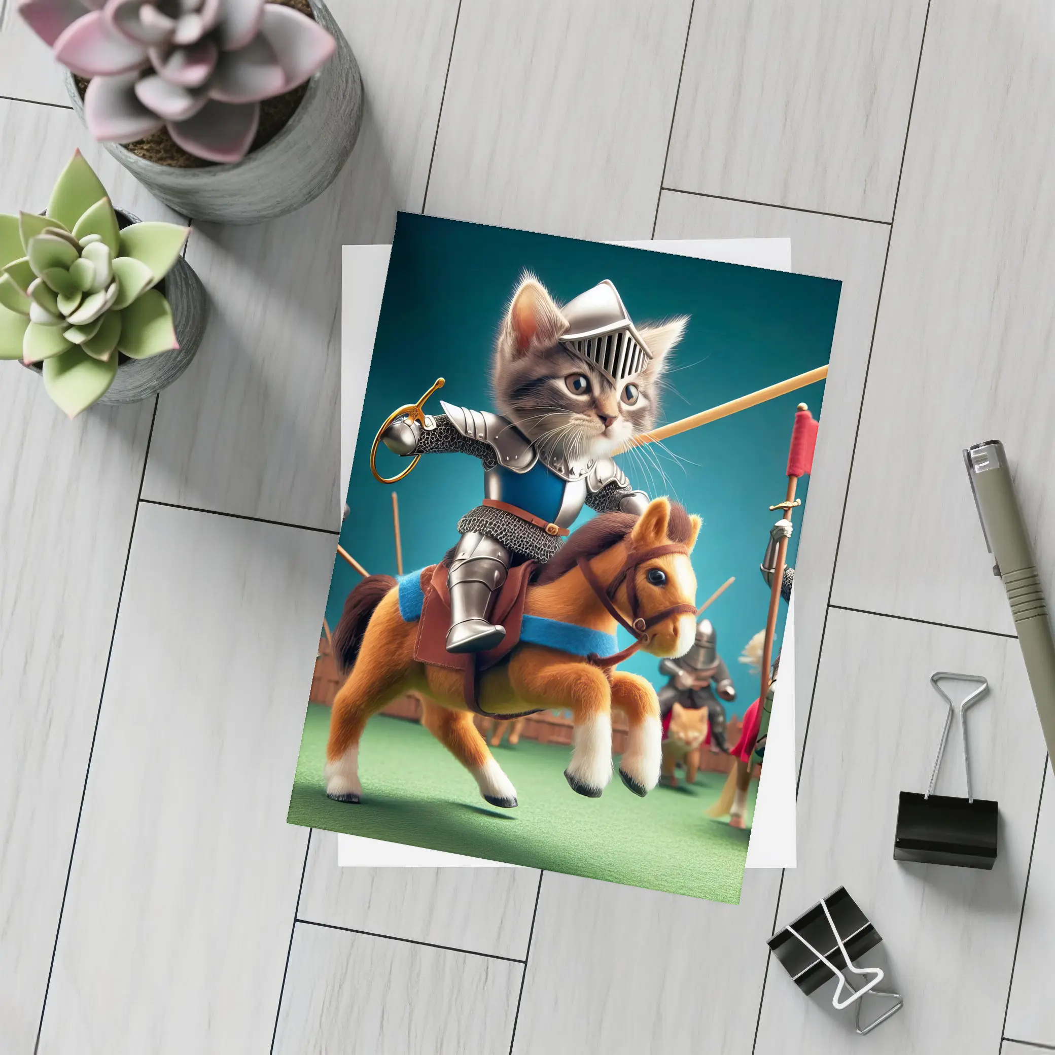 Kitten Knight Jousting on Toy Horse – Postcards