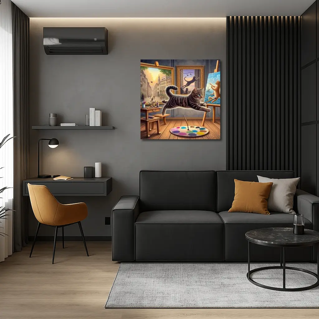 Playful Tabby Cat Artist Studio Painting – Wall Art