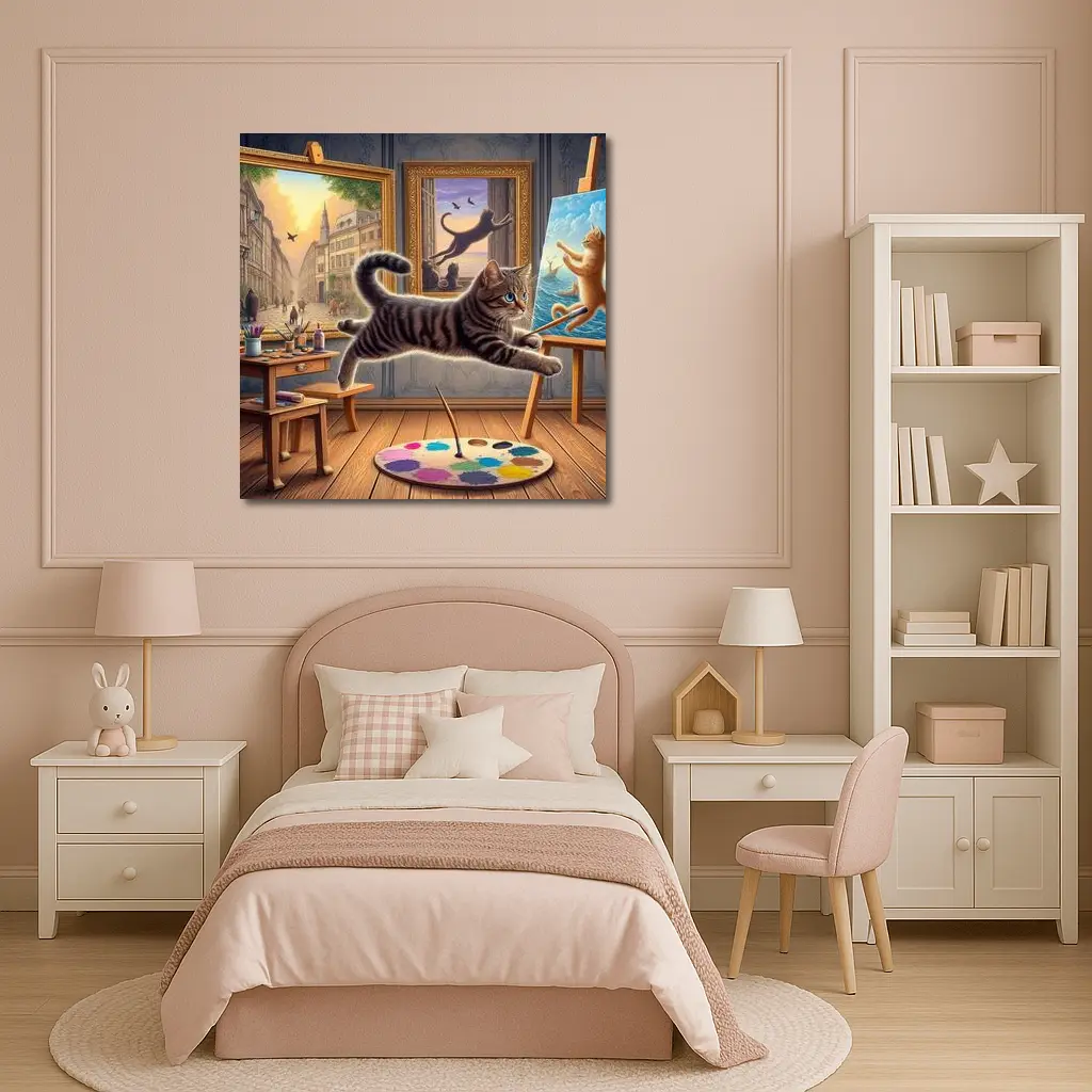 Playful Tabby Cat Artist Studio Painting – Wall Art