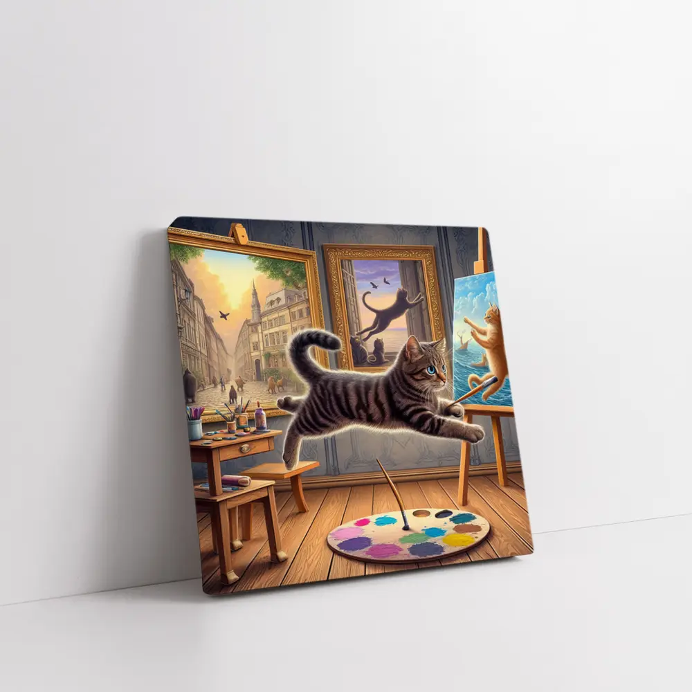 Playful Tabby Cat Artist Studio Painting – Wall Art