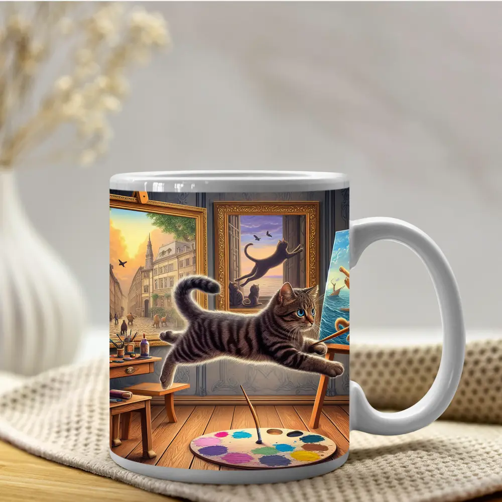 Playful Tabby Cat Artist Studio Painting – Mugs