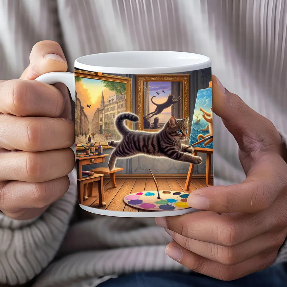 Playful Tabby Cat Artist Studio Painting – Mugs