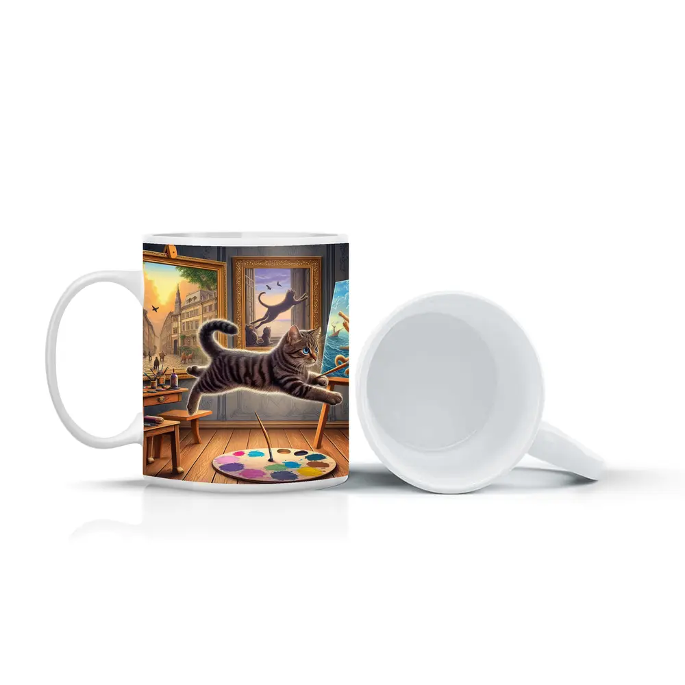 Playful Tabby Cat Artist Studio Painting – Mugs