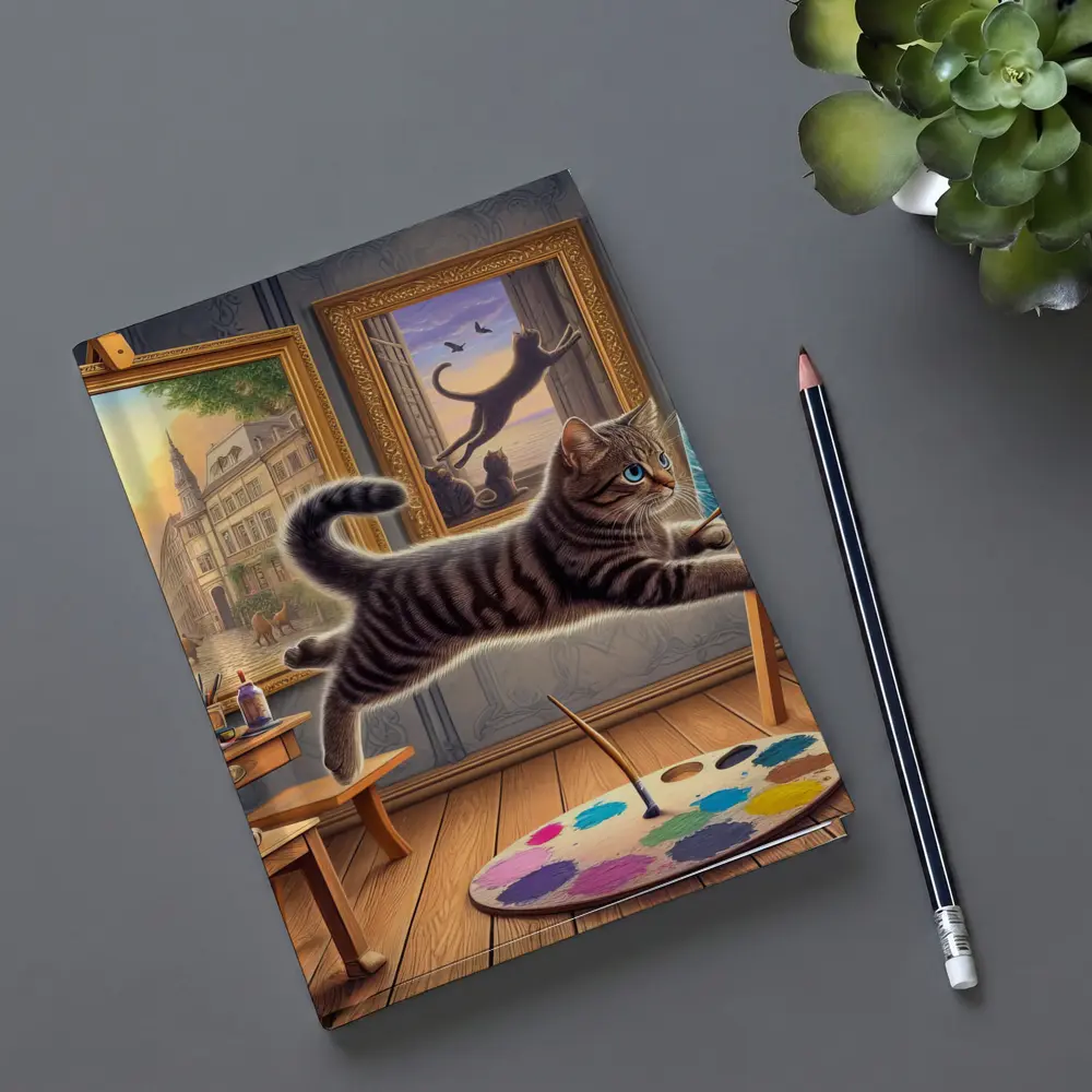Playful Tabby Cat Artist Studio Painting – Notebooks