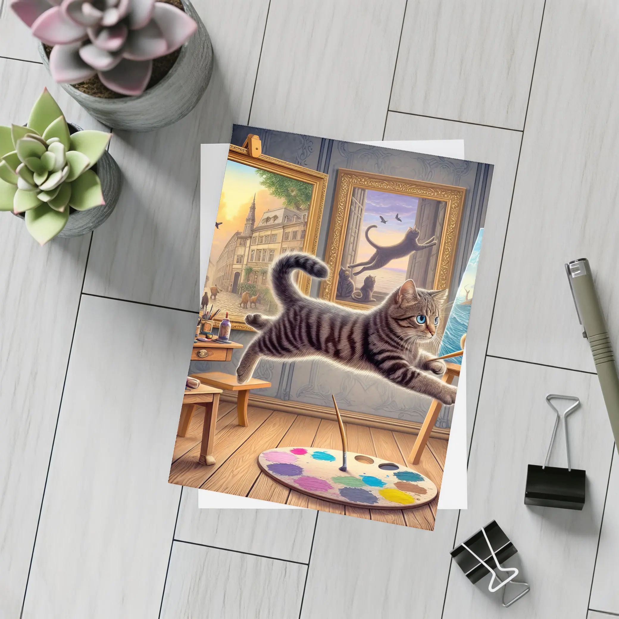 Playful Tabby Cat Artist Studio Painting – Postcards