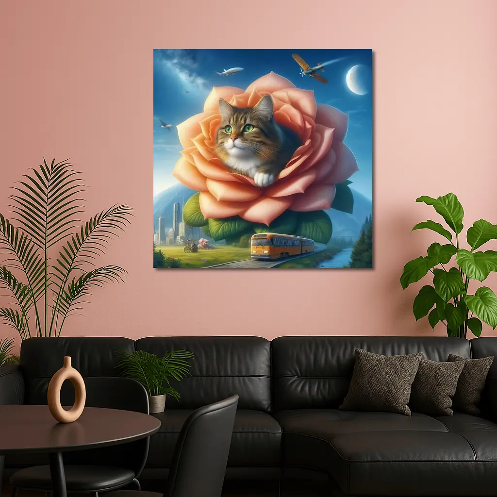 Cat Resting Inside Giant Rose Surreal Sky – Wall Art