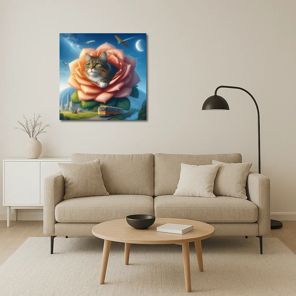 Cat Resting Inside Giant Rose Surreal Sky – Wall Art