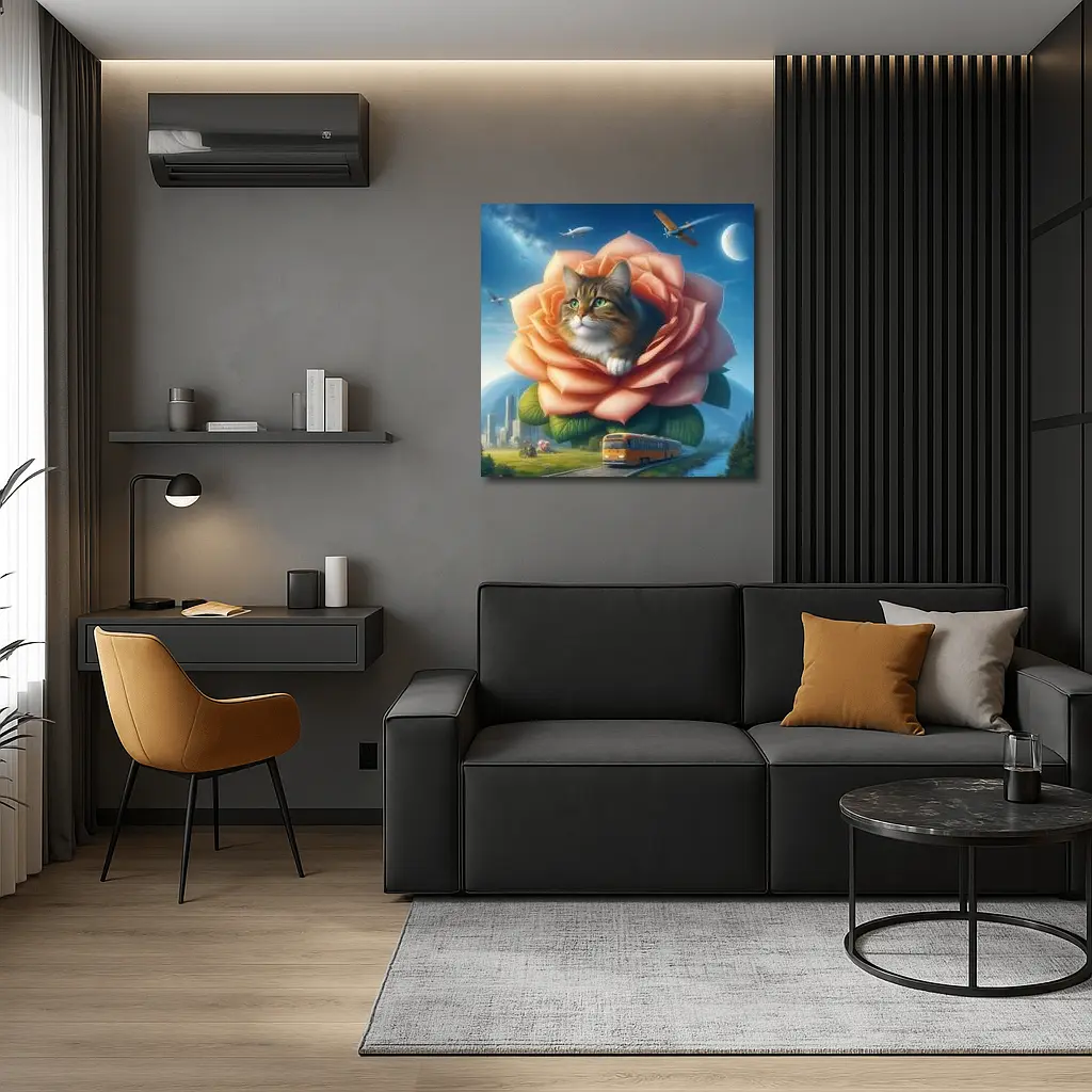 Cat Resting Inside Giant Rose Surreal Sky – Wall Art